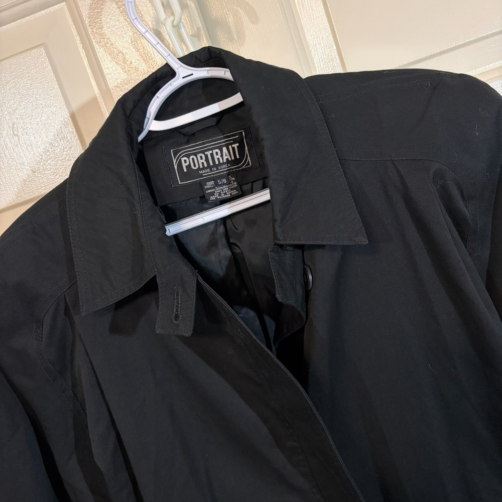 VTG Portrait Women's Black Hooded Rain Jacket Size 5/6 Full Zip Trench Coat Plus